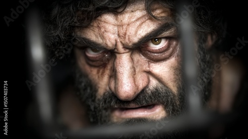 Intense close-up of a man's angry and fierce facial expression with piercing eyes