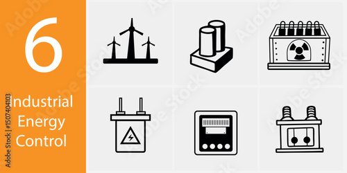 Industrial Energy Control Icon Set – 6 Vector Illustrations for Power, Efficiency & Automation