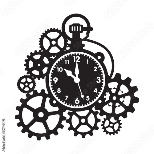 Steampunk clock with gears and cogs silhouette ornament Silhouette white Background.