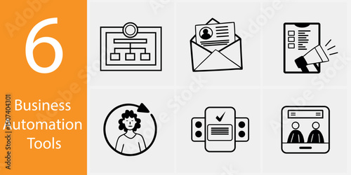Business Automation Tools – 6 Vector Icon Set for Workflow, Process, and Productivity Solutions