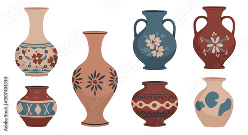 Colored ceramic vases set. Porcelain vase for flowers, antique pottery, floral and abstract patterns. Vase pottery for decoration. Trendy flat style isolated on white. Vector illustration