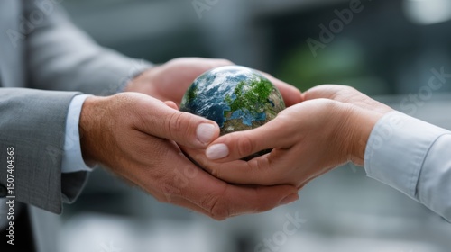 Fototapeta Naklejka Na Ścianę i Meble -  Protecting Our World: A person tenderly cradles a miniature globe, symbolizing care, responsibility, and the importance of preserving our planet for future generations.