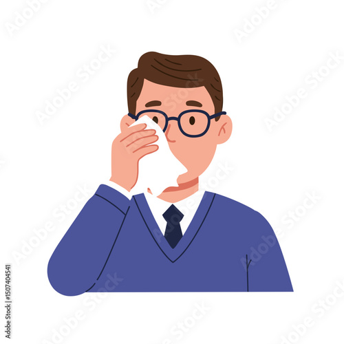 Concerned man wiping his face with a tissue, showing a worried expression in business attire