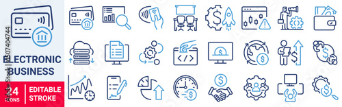 Electronic business line web icons. growth. Shop, Social media. Editable stroke.