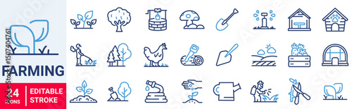 Farming web line icons. Garden. Containing plant, flowers, trees, watering can, fence, cultivate and gardening icons. Vector illustration