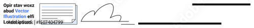 Text document next to cloud graphic and horizontal lines symbolizing connection, data sharing, or workflow. Ideal for digital file management, cloud storage, technology, data, communication