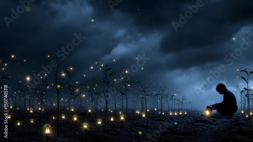 A figure planting light bulbs in a field under a dark sky. Concept of sowing hope in despair