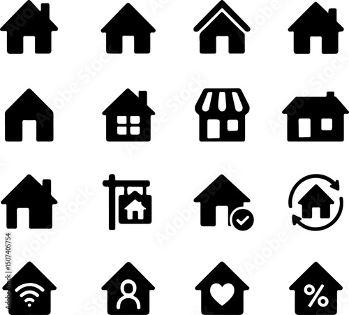 Collection of Black Home Icons for Real Estate, Technology, and Design