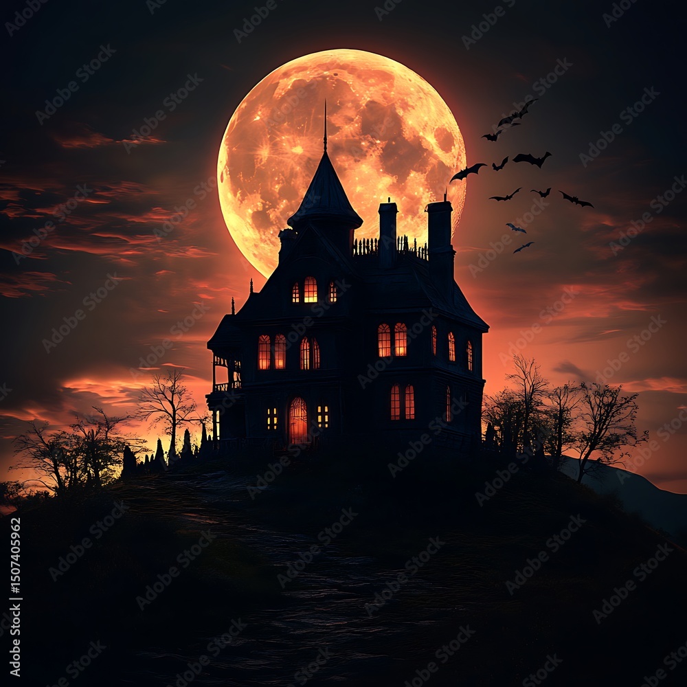 A large, gothic mansion stands on a hilltop under a crimson moon. A large, gothic mansion stands on a hilltop under a crimson moon.