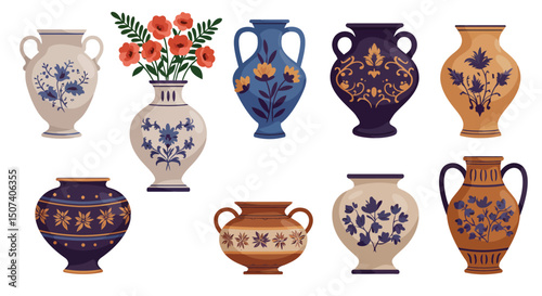 Colored ceramic vases set. Porcelain vase for flowers, antique pottery, floral and abstract patterns. Vase pottery for decoration. Trendy flat style isolated on white. Vector illustration