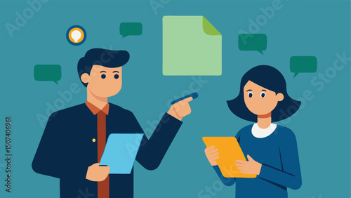 Coordinating with Team An illustration showing the investigator talking to a colleague discussing the evidence while pointing at a notepad filled with notes.
