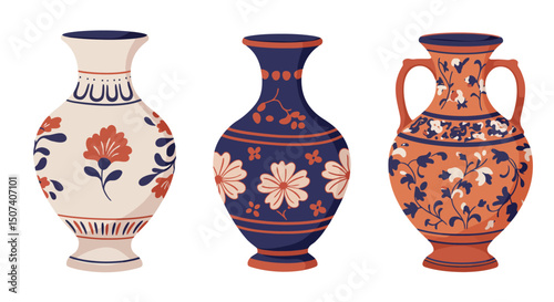 Colored ceramic vases set. Porcelain vase for flowers, antique pottery, floral and abstract patterns. Vase pottery for decoration. Trendy flat style isolated on white. Vector illustration