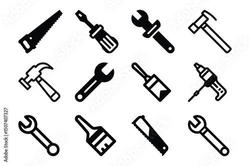  Set of industrial essential tools like hammer, plus, screw driver, brush, wrench, drill machine icon vector illustration on white background.