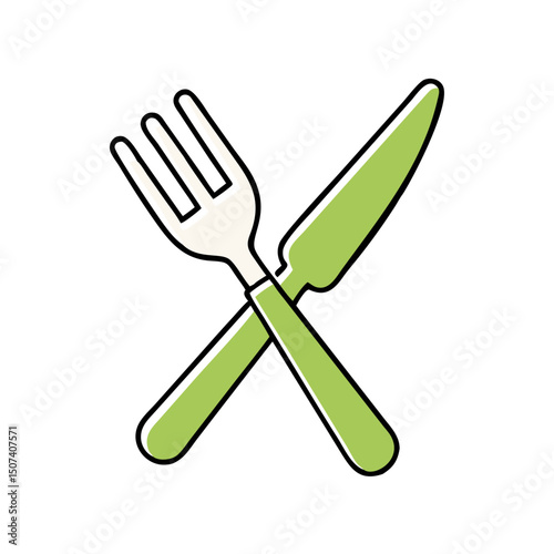 Fork and knife crossed icon in green and white style