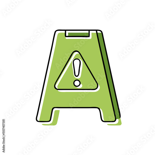 Caution sign icon in green and white flat style