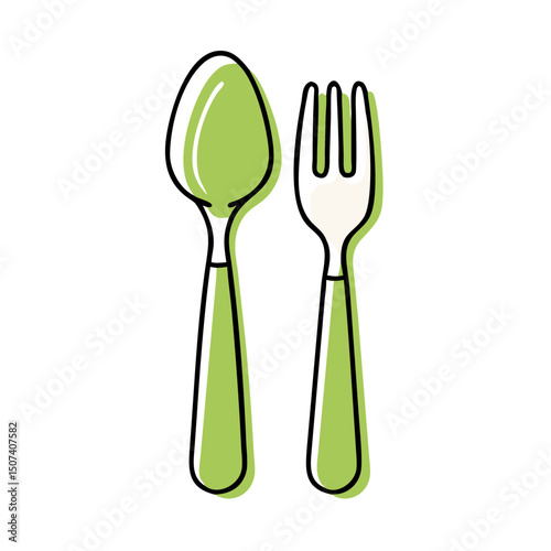 Spoon and fork icon in green and white flat style