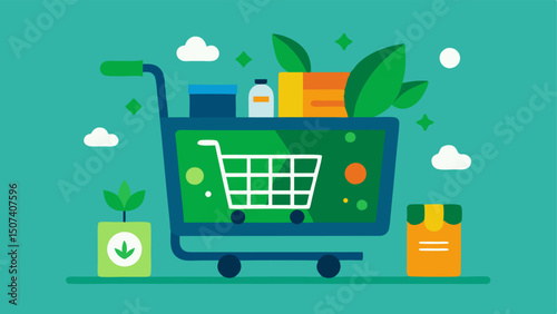 Ecofriendly Shopping Cart A shopping cart filled with various sustainable products such as reusable bags bamboo utensils and organic products set against a digital screen