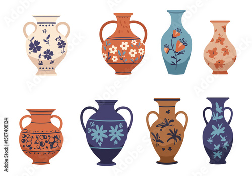 Colored ceramic vases set. Porcelain vase for flowers, antique pottery, floral and abstract patterns. Vase pottery for decoration. Trendy flat style isolated on white. Vector illustration