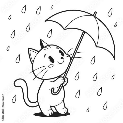 Cute Cat with Umbrella Line Art, Rainy Day Pet Graphic