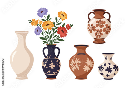 Colored ceramic vases set. Porcelain vase for flowers, antique pottery, floral and abstract patterns. Vase pottery for decoration. Trendy flat style isolated on white. Vector illustration