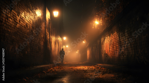 Misty night descent into a mysterious brick alley, a lone silhouette walks into the foggy urban unknown, illuminated by distant, glowing streetlights