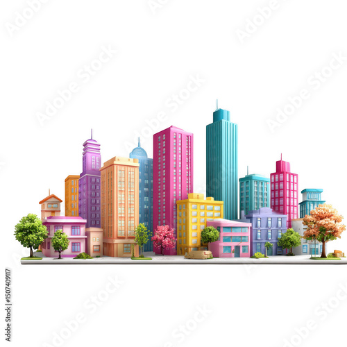 Cartoon city skyline with colorful buildings isolated on transparent background