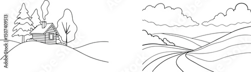 Black and white line art illustration of a cabin and landscape scenery on white background