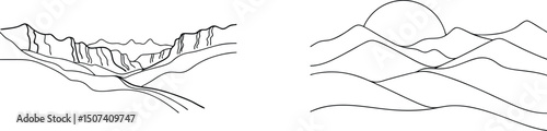 Vector illustrations of mountainous landscapes featuring peaks and sun outlined in black and white