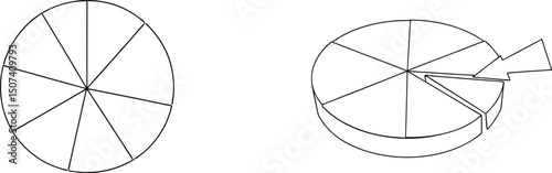 Pie chart data analysis illustration showing a complete circle and a sectional dissection