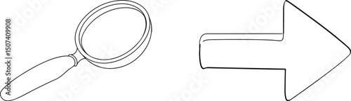 Hand-drawn outline of a magnifying glass and an arrow pointing towards the right side