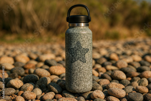 Gray textured water bottle with a star design placed on pebbles outdoors.