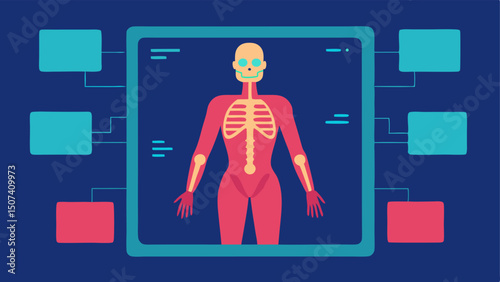 Multilayered Body View An AR screen displaying a multilayered view of a human body showcasing the skeletal muscular and organ systems simultaneously.