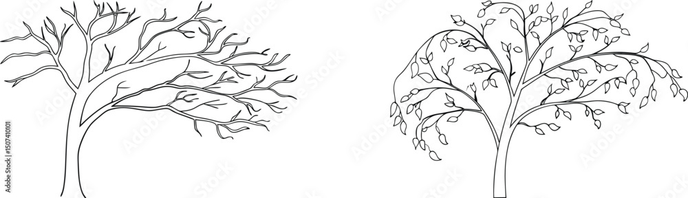 Obraz premium Simple illustrated trees showing seasonal variations between bare branches and leafy foliage