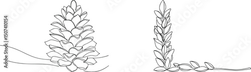Elegant line art illustration of pine cone and branch for nature theme designs