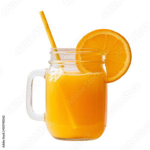 Fresh Orange Juice in Mason Jar with Straw Refreshing Summer Drink isolated on transparent background Remove, Clipping Path