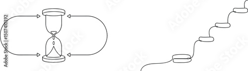 Continuous time cycle and progress illustrated through one line drawings in black and white