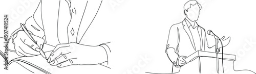 Elegant minimalist line drawing illustrating writing and public speaking in professional attire