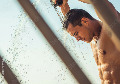 Action shot of a muscular man pouring water over his head on a beach, water splashing captured mid-air