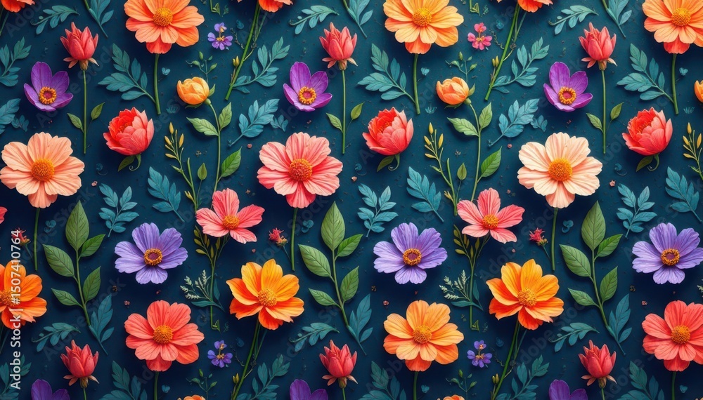 Repetitive pattern of wildflowers & foliage, vibrant hues , repeat, background