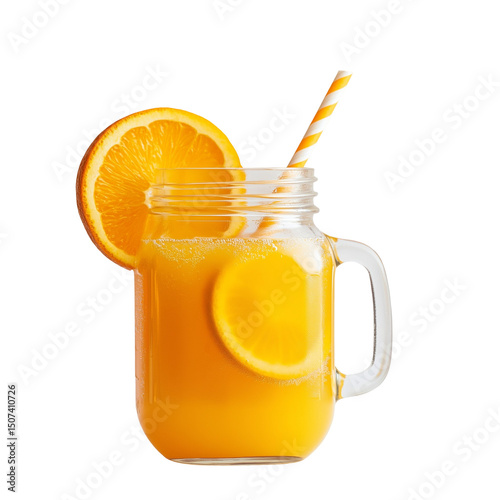 Fresh Orange Juice in Mason Jar with Straw Refreshing Summer Drink isolated on transparent background Remove, Clipping Path