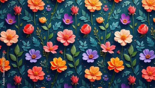 Repetitive pattern of wildflowers & foliage, vibrant hues , repeat, background