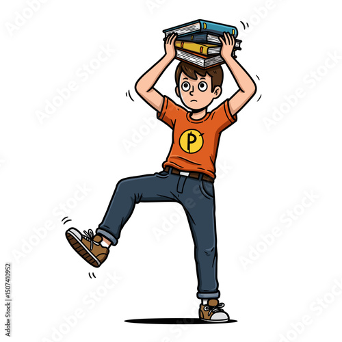 Concentrated boy balancing books on his head while walking awkwardly