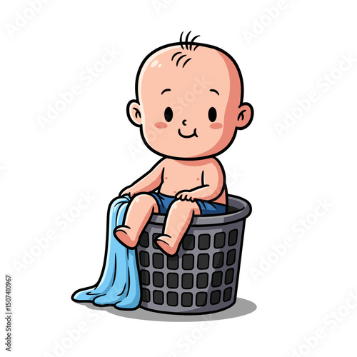 Cute baby sitting in a laundry basket with a cheerful expression and a blue towel