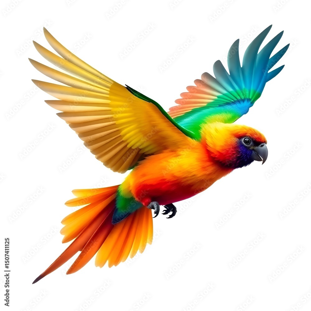 Fototapeta premium Beautiful Aratinga Solstitialis (Sun Conure Parakeet) in Flight - Transparent Background - Stock Photo