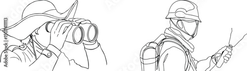 Line drawing illustration of a historical figure with binoculars and a modern hazmat suit