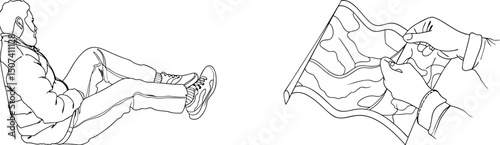 Line drawing depicting a man relaxing and analyzing a detailed geographic map for planning.