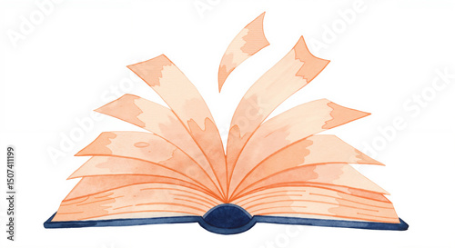Open book with flying pages watercolor illustration for education-themed designs, book blogs, creative publishing visuals, literacy campaigns, and learning platforms

