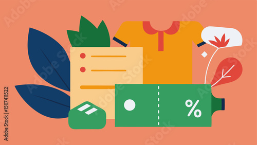 EcoFriendly Fashion A coupon featuring an illustration of clothing items made from organic materials promoting discounts at sustainable fashion stores.