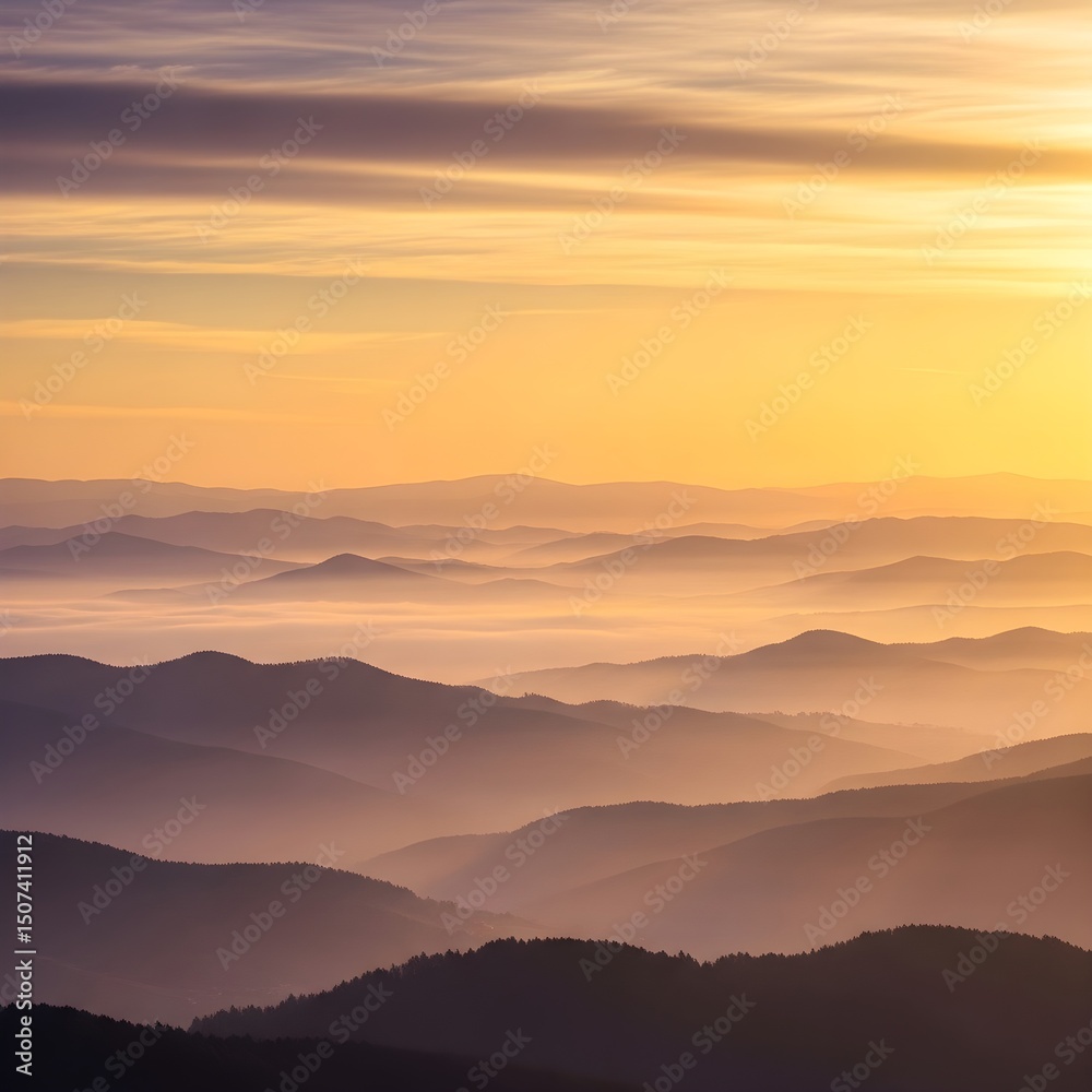 Obraz premium Layered rolling hills shrouded in soft morning fog at sunrise, with golden and purple skies creating a dreamy, calm, and serene landscape