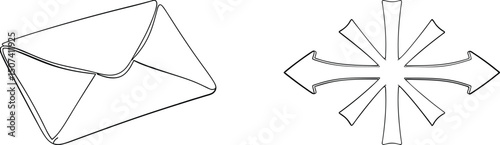 Line art illustrations of an envelope and directional arrow graphic elements for design